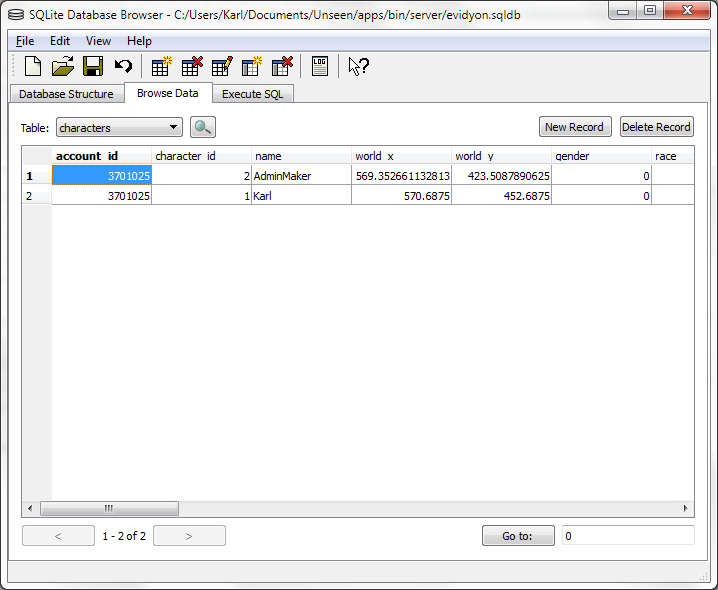 SQLite Characters Table